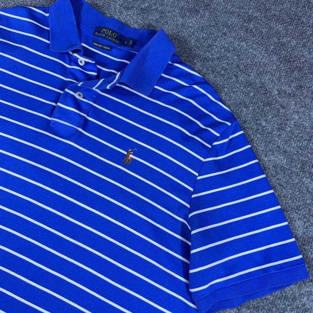 Polo Ralph Lauren Mens Large Blue White Striped Pima Soft Touch Polo Shirt L